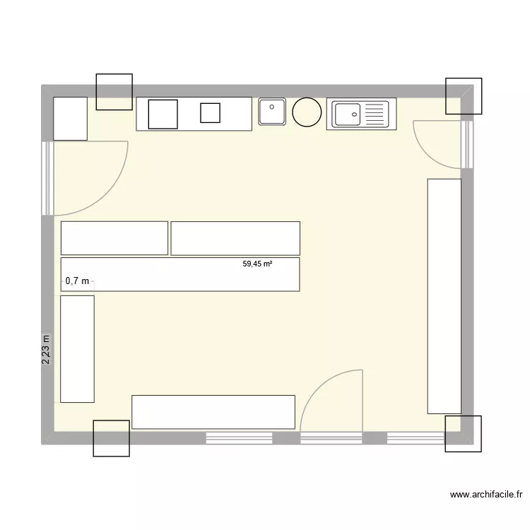 cuisine froide. Plan de 1  et 59 m²