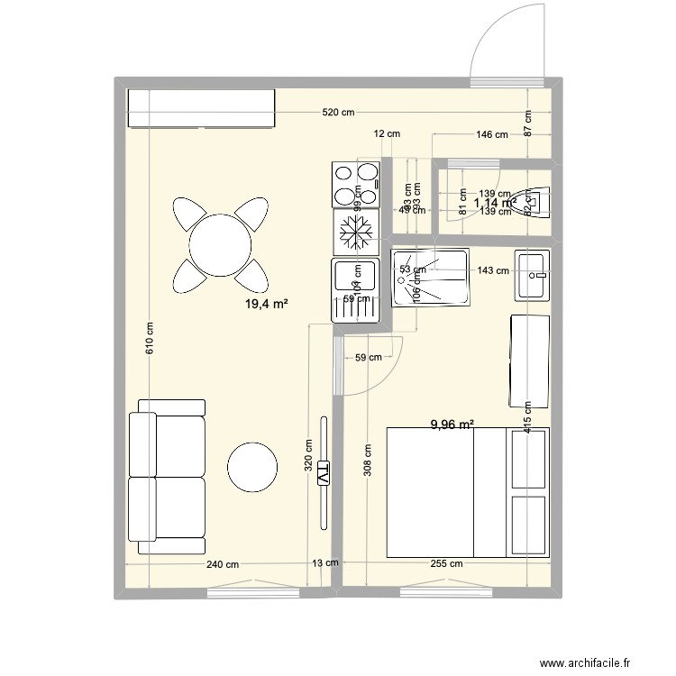 T1 FF. Plan de 3 pièces et 30 m2