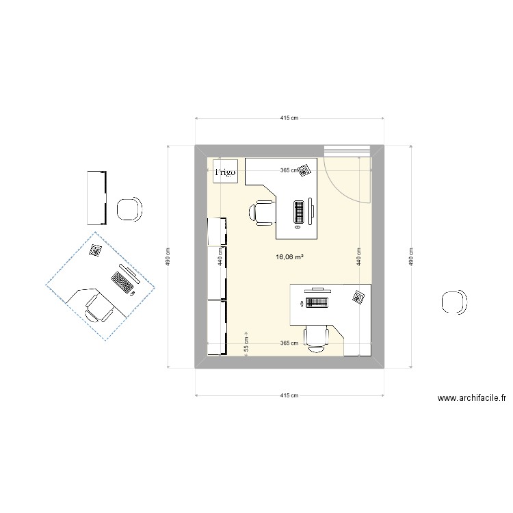 Bureau 2. Plan de 1 pièce et 16 m2