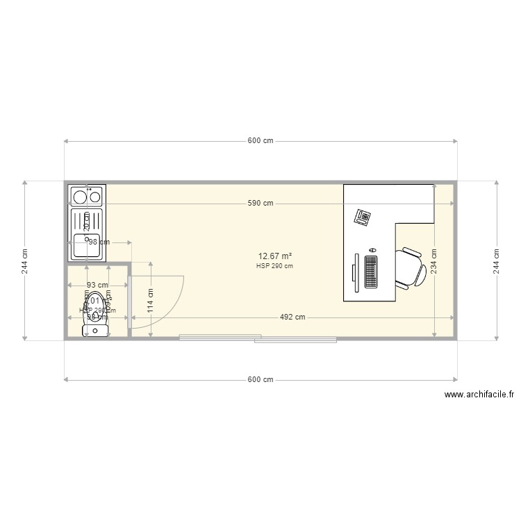 tudio JAVERLHAC . Plan de 2 pièces et 14 m2