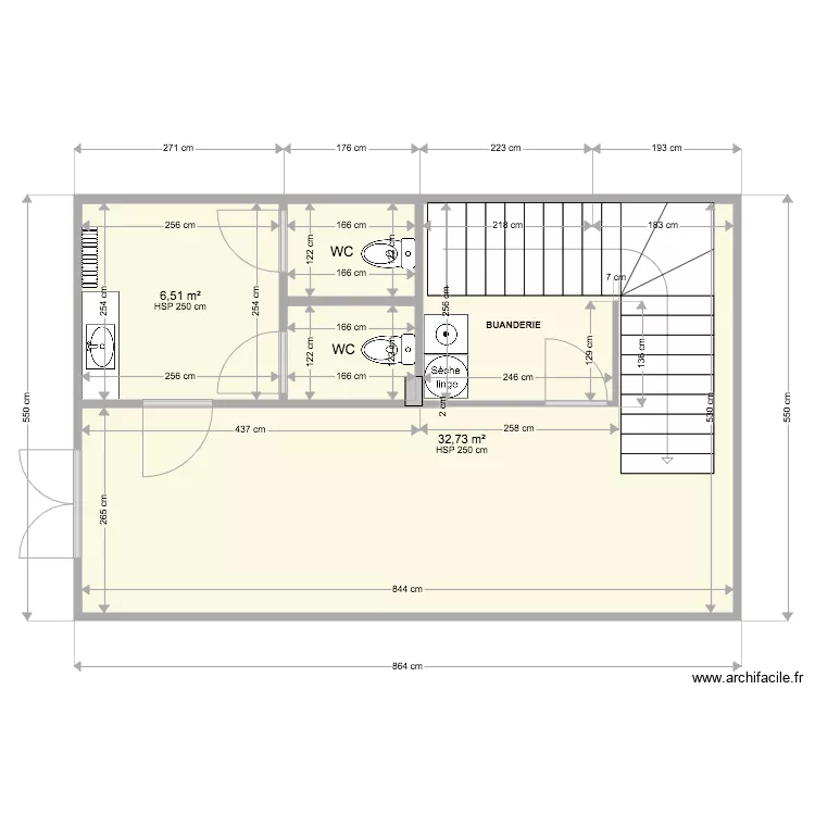 Pi&egrave;ce escalier apr&egrave;s travaux. Plan de 