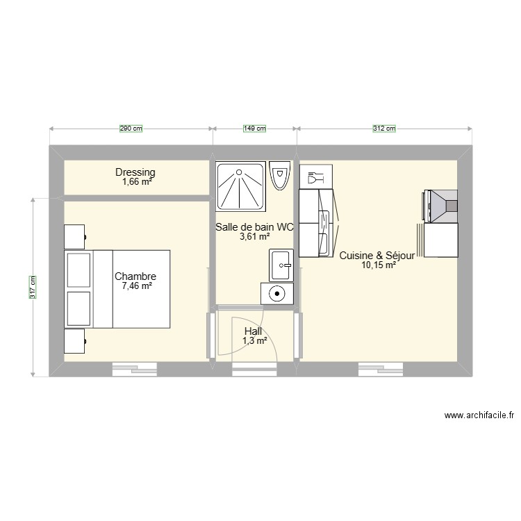 Studio 25m2. Plan de 5 pièces et 24 m2