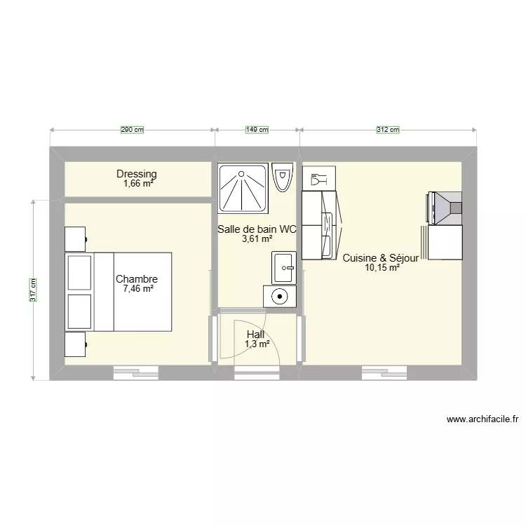 Studio 25m2. Plan de 