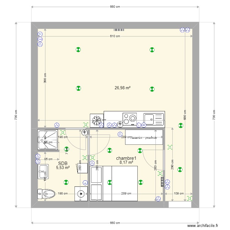 t2 premier etage gauche modifie. Plan de 3 pièces et 41 m2