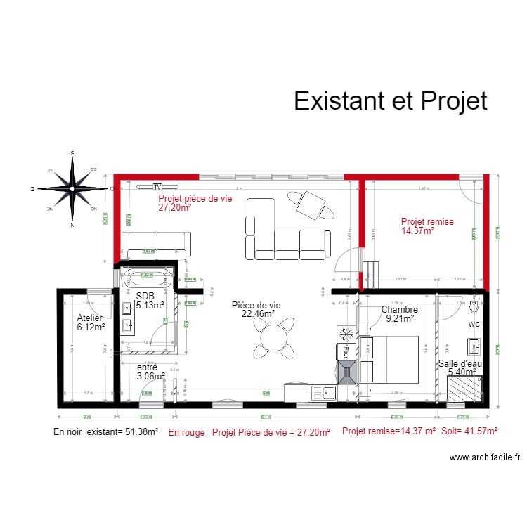 existant et projet . Plan de 5 pièces et 93 m2