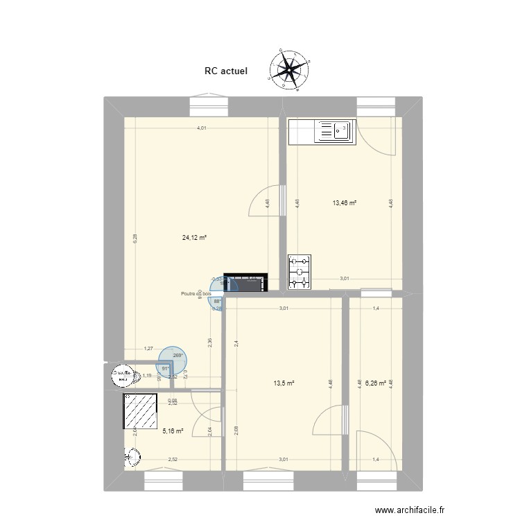 Rez de chaussée 0 actuel. Plan de 5 pièces et 63 m2