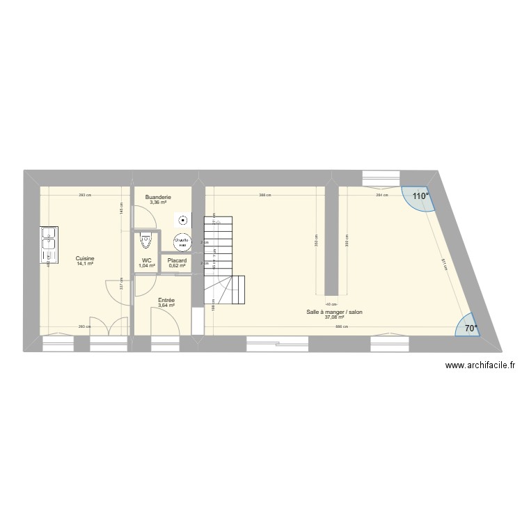 Denicé coté  cour. Plan de 6 pièces et 60 m2