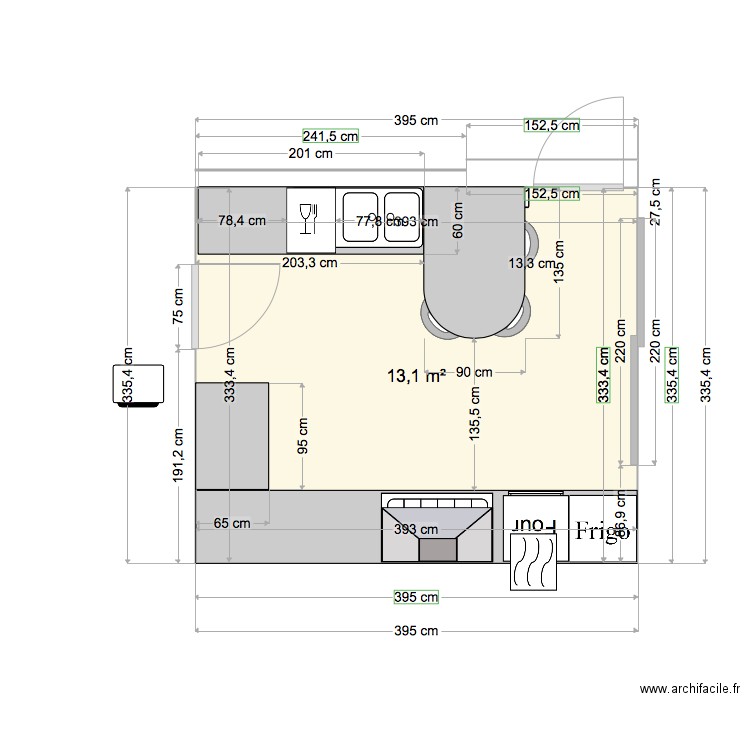 cuisine LV 45 charlier. Plan de 1 pièce et 13 m2