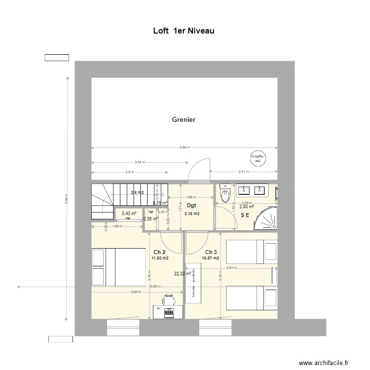 Loft 1 Niveau. Plan de 5 pièces et 33 m2