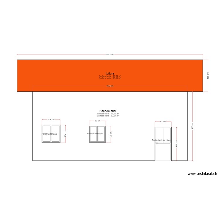 facade sud. Plan de 0 pièce et 0 m2