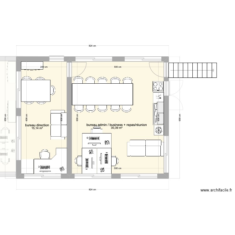 bureau site pilote dalle agrandie 2 baies vitrees. Plan de 8 pièces et 143 m2