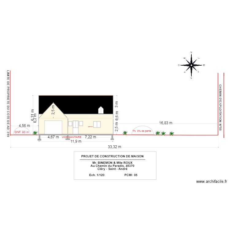 PLAN FACADE PRINCIPALE AVEC LE PROFIL DU TERRAIN. Plan de 6 pièces et 71 m2