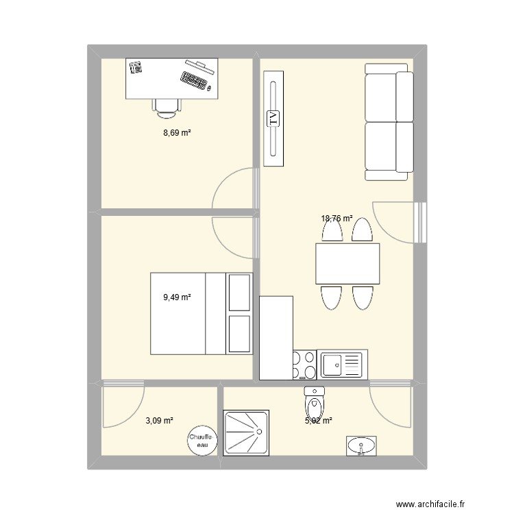 Zone 4 Sous sol. Plan de 5 pièces et 45 m2
