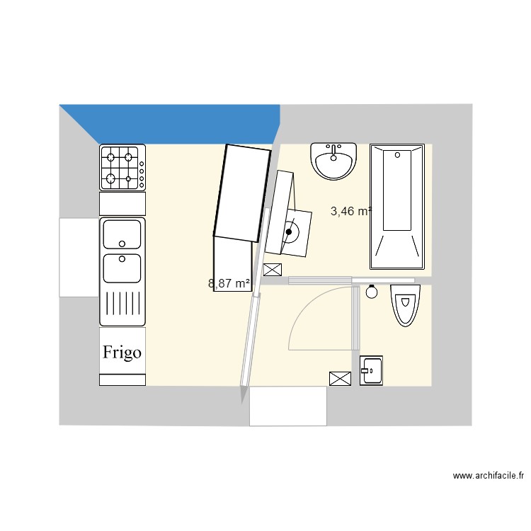 SdB Douche WC CUISINE ELECTRICITE. Plan de 2 pièces et 12 m2