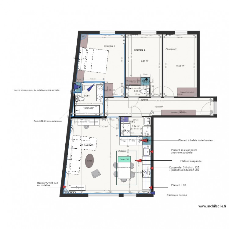 Plan projet 1 aménagement appartement. Plan de 0 pièce et 0 m2