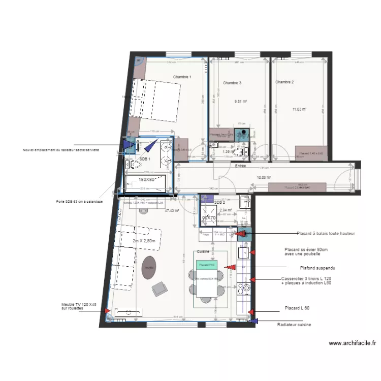 Plan projet 1 am&eacute;nagement appartement. Plan de 