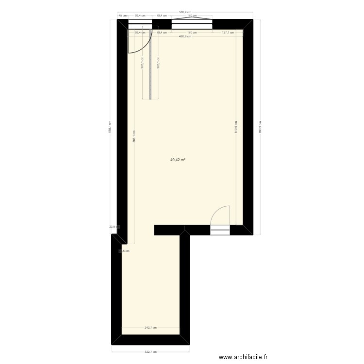 SALON ET CUISINE. Plan de 2 pièces et 47 m2