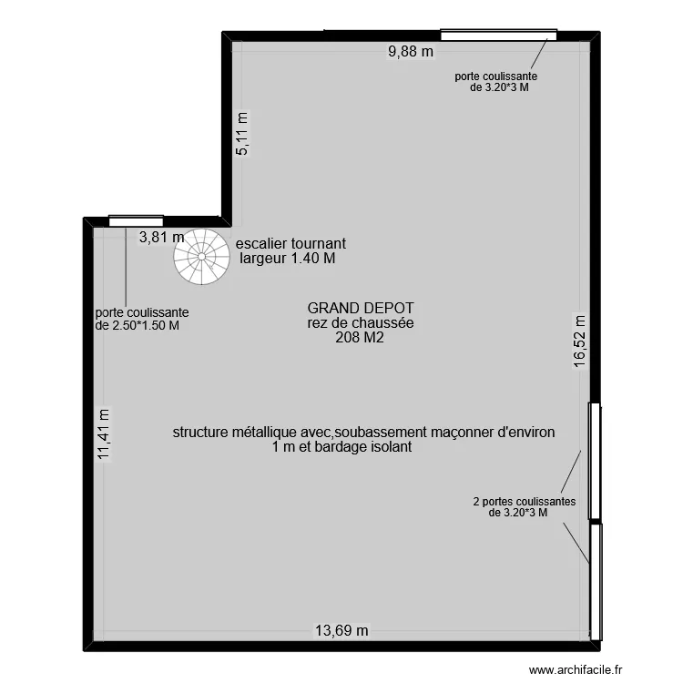 grand d&eacute;pot rez de chauss&eacute;e. Plan de 3  et 418 m²