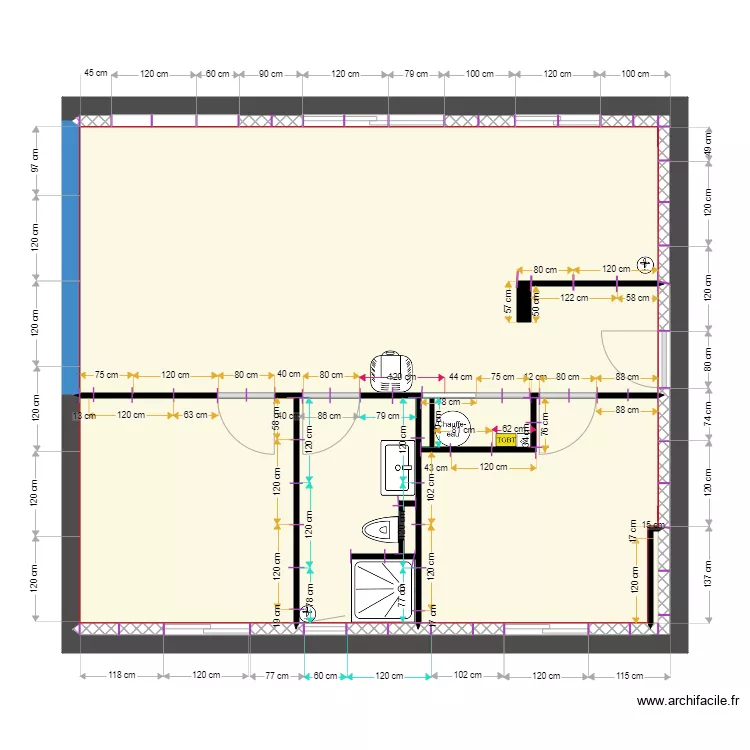 Appartement RDC PLACO Mur ext&eacute;rieur cloison. Plan de 