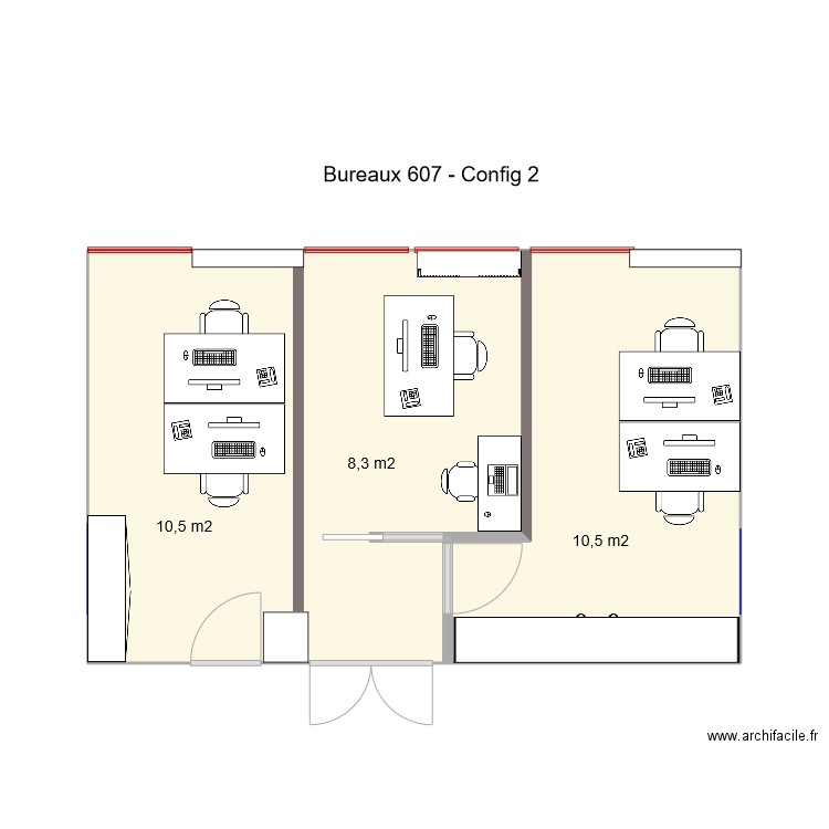 Bureaux 607 - vide. Plan de 2 pièces et 34 m2