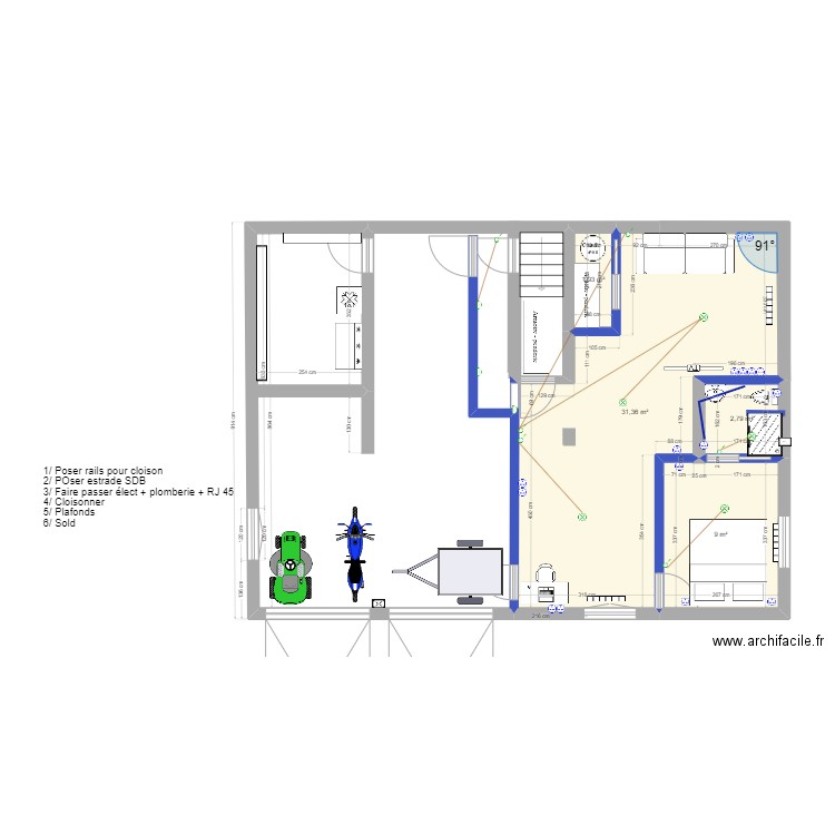 Garage avec sdb. Plan de 4 pièces et 45 m2