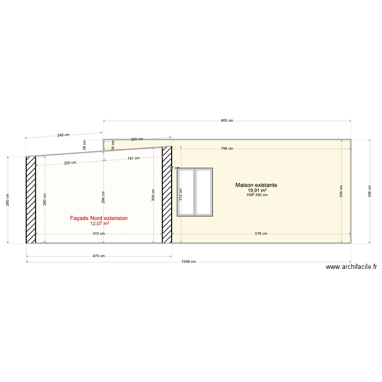 Plan de façade nord issé. Plan de 2 pièces et 32 m2