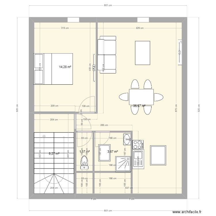 comble. Plan de 5 pièces et 63 m2