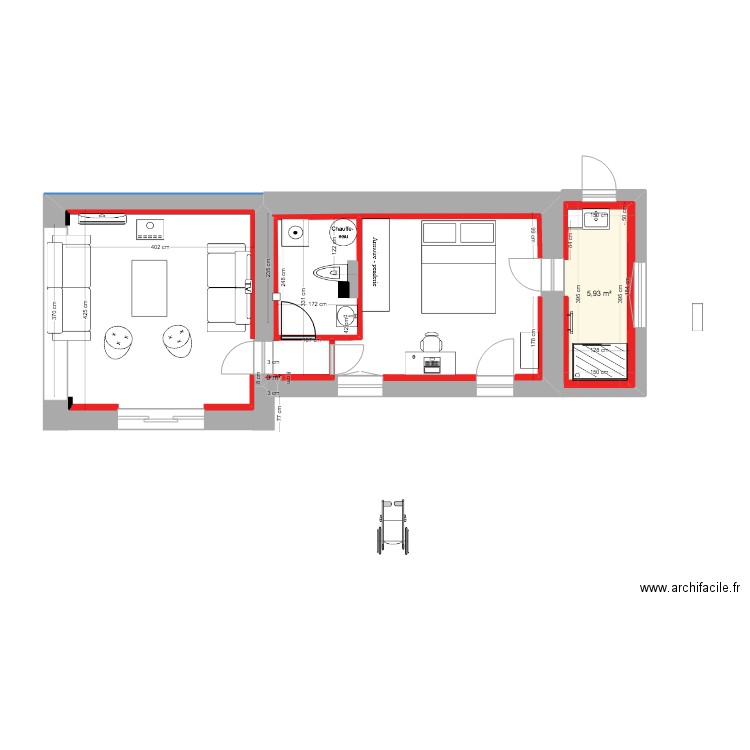 RDC meublé CHBRE 1 + SdE + SALON erreur largeur ??. Plan de 2 pièces et 6 m2