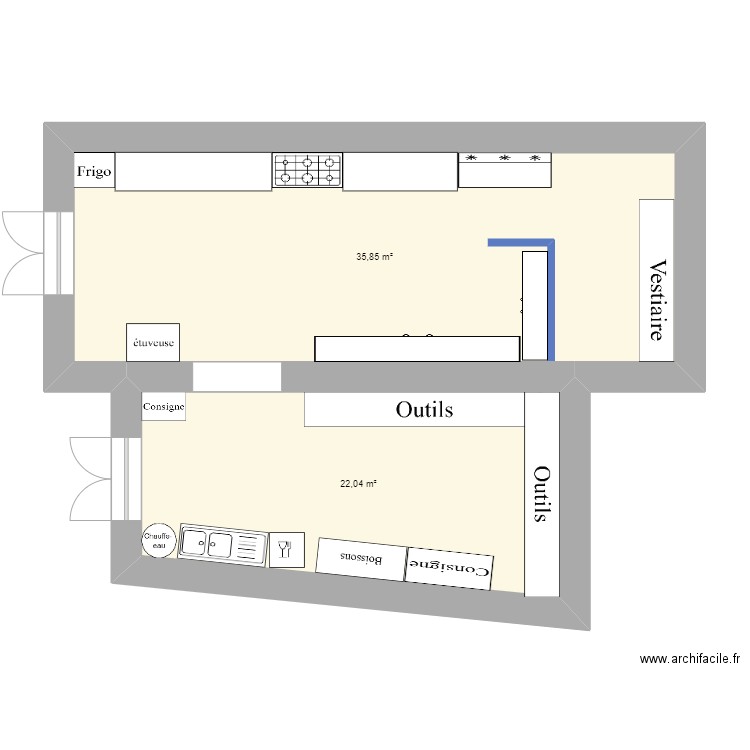 LOCAL BENEVOLES. Plan de 2 pièces et 58 m2