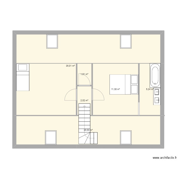 étage nu. Plan de 6 pièces et 75 m2