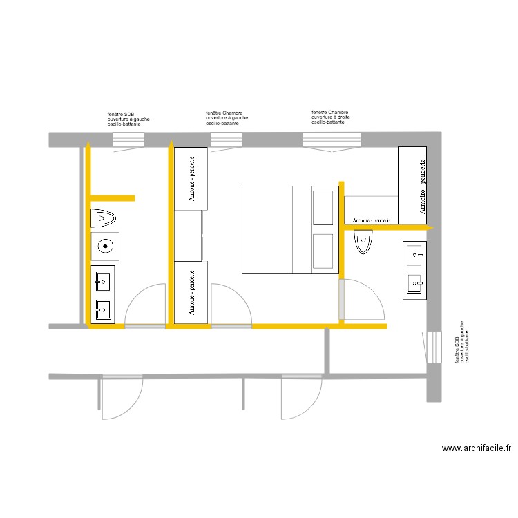 Plan SDB Chambre Fenêtres     VARIANTE 2  meubles. Plan de 0 pièce et 0 m2