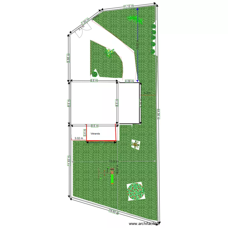 parcelle 108 Implantation garage  v&eacute;randa espaces verts. Plan de 