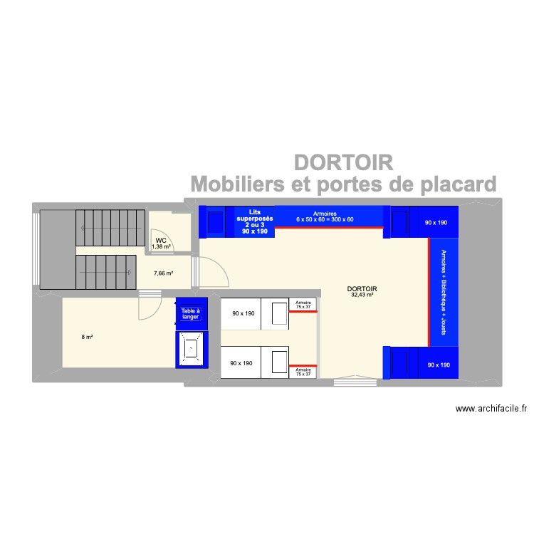 DORTOIR Mobiliers et portes de placard. Plan de 5 pièces et 50 m2