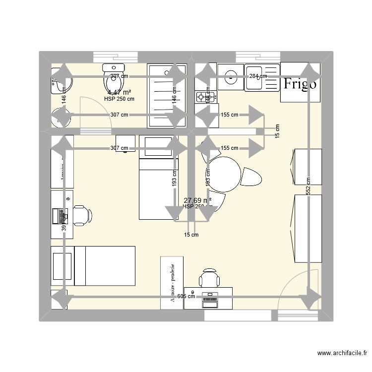 Studio Meknès. Plan de 2 pièces et 32 m2