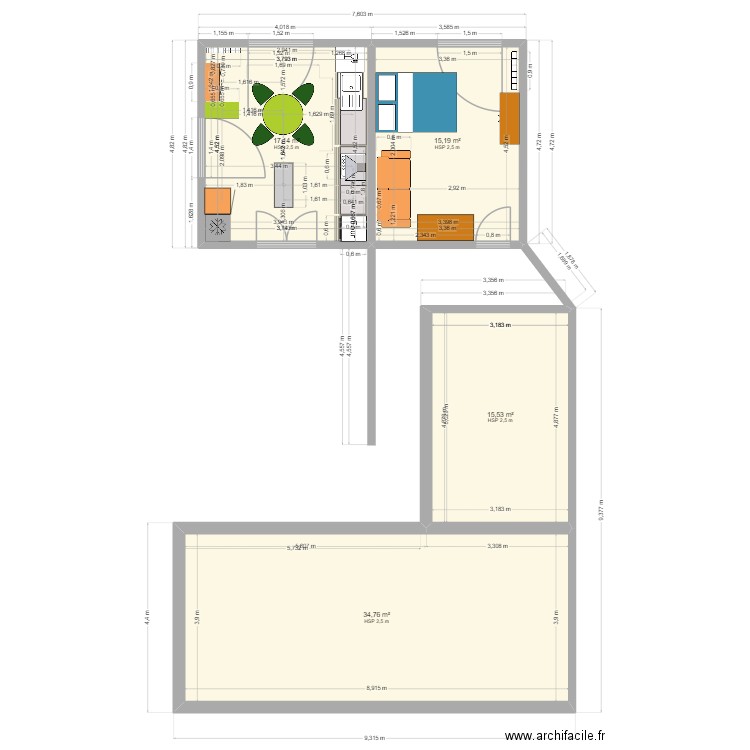 cuisine. Plan de 4 pièces et 83 m2