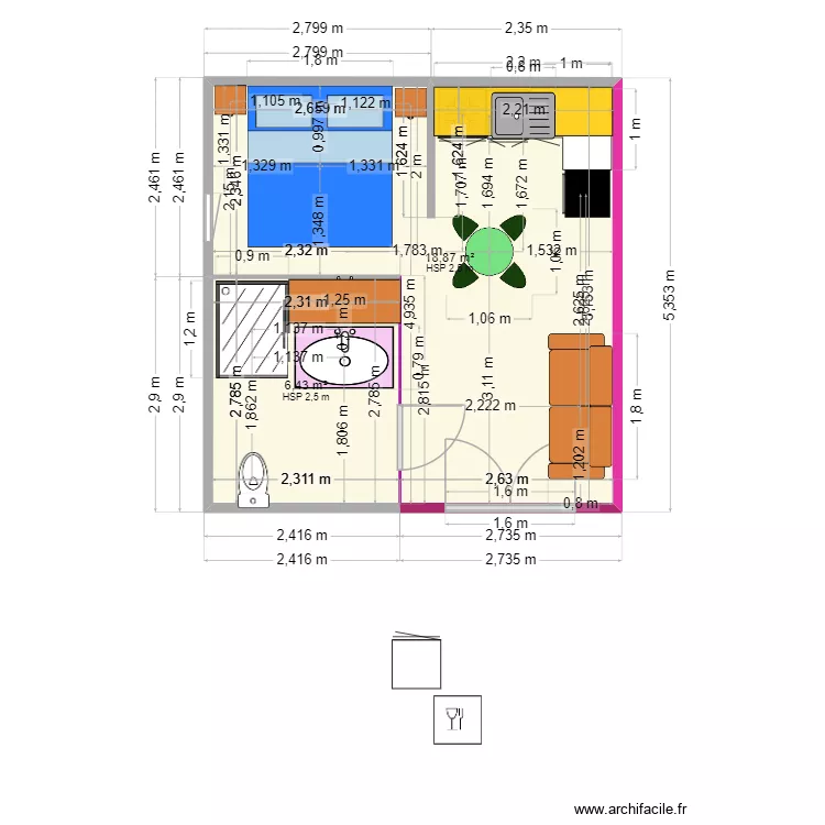 cuisine. Plan de 2  et 25 m²