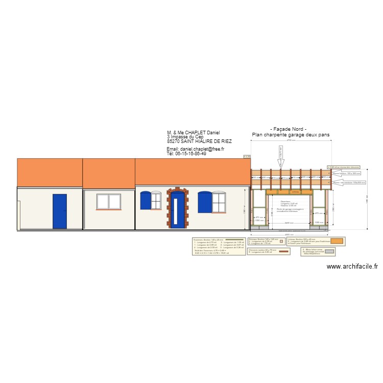 Façade Nord - garage - Poteau 145 x 145 mm. Plan de 2 pièces et 25 m2