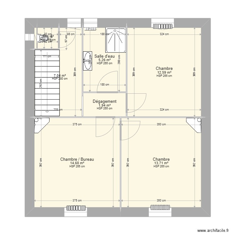 Etage chambres. Plan de 8 pièces et 56 m2