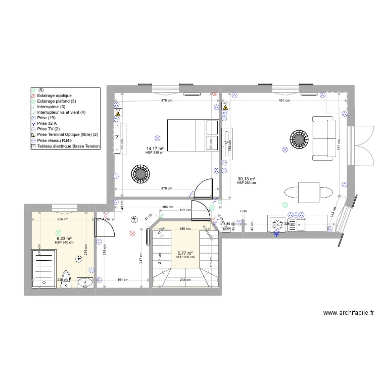 1Etage. Plan de 4 pièces et 56 m2