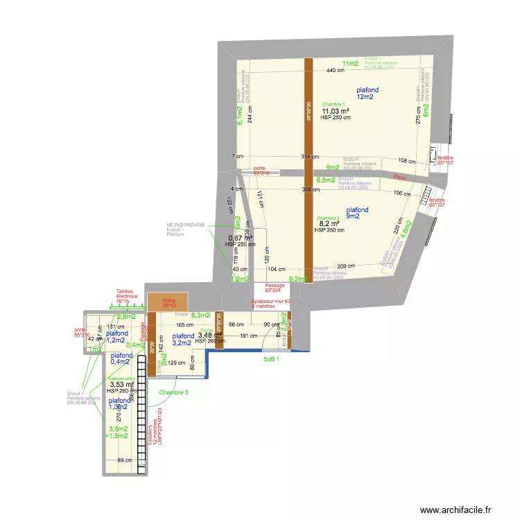 PLAN chambres 1 et 2 / couloir /escaliers. Plan de 