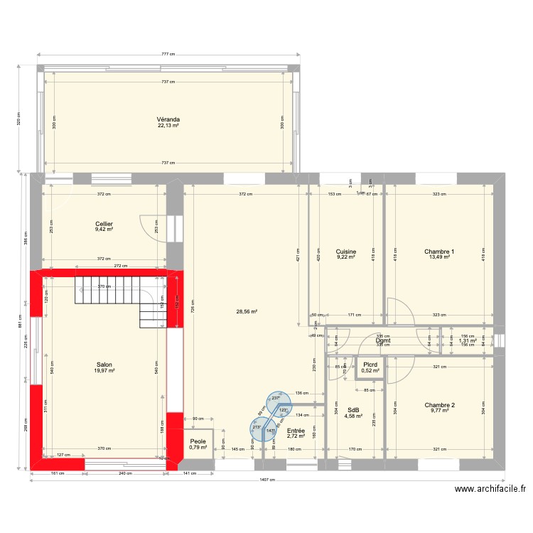 Maison transformations escalier fond. Plan de 13 pièces et 125 m2