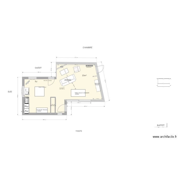 Extension cuisine3. Plan de 2 pièces et 42 m2