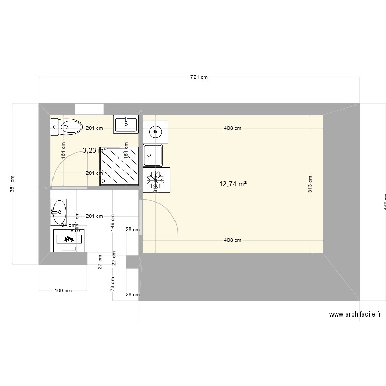 SDB ST FRONT V8. Plan de 2 pièces et 16 m2