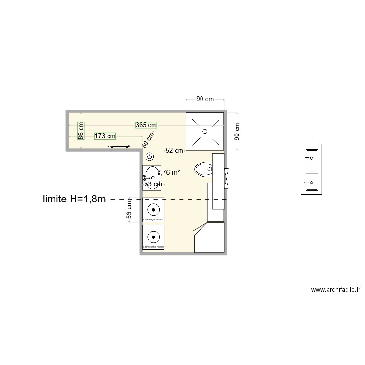 Bobillot R2 - salle de bain Mimie. Plan de 1 pièce et 8 m2