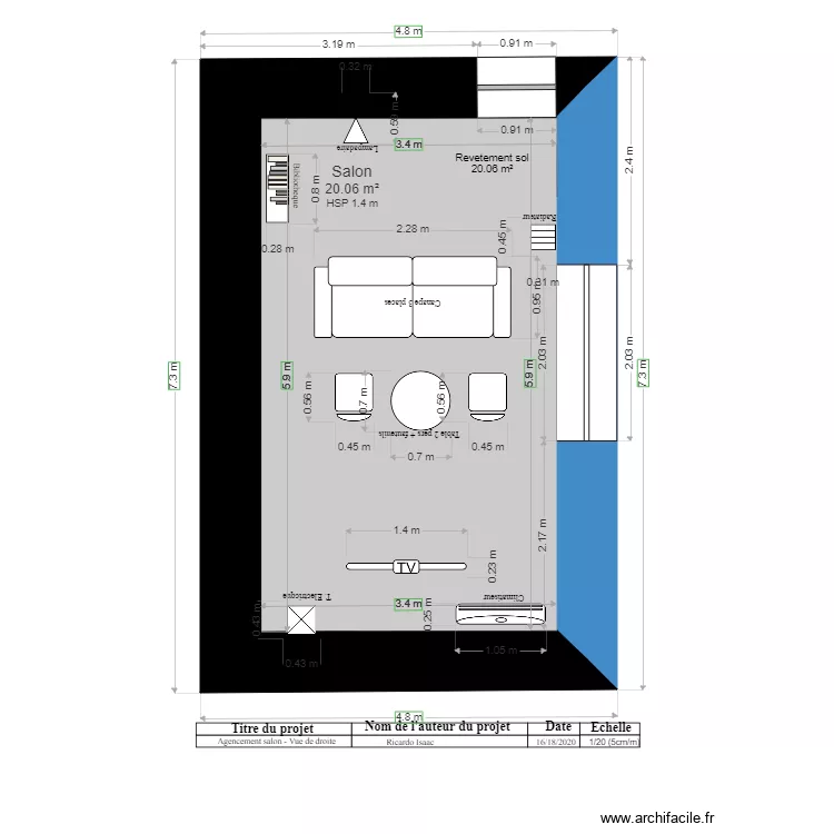 Agencement salon plan vue de droite Proposition 1 final. Plan de 