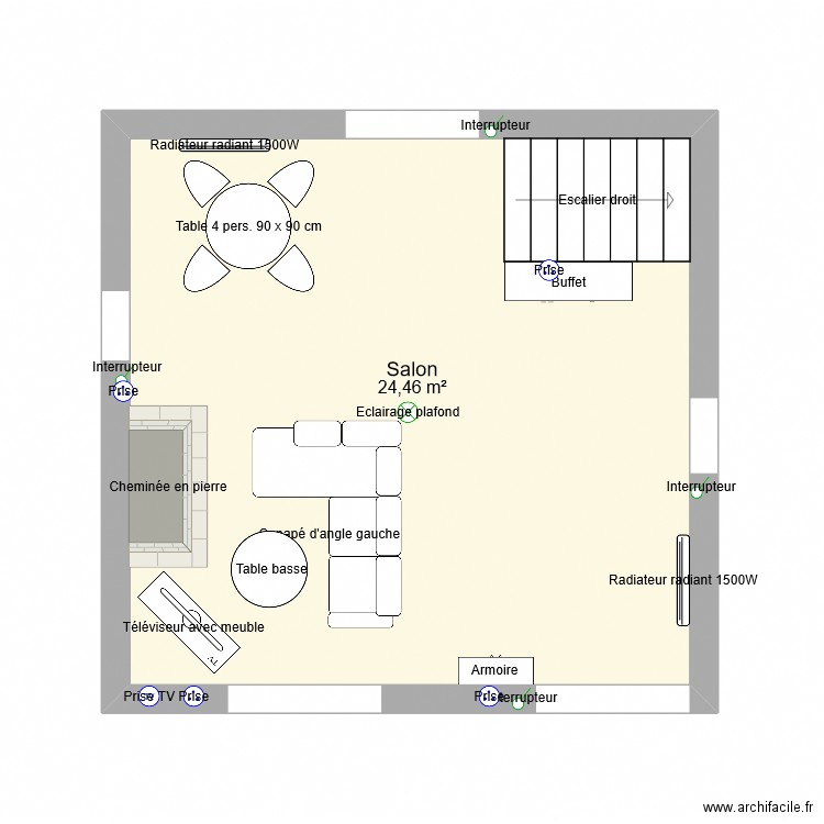 Salon. Plan de 1 pièce et 24 m2