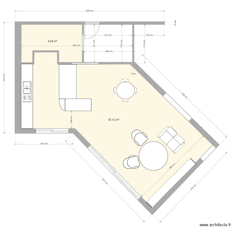 Salon 2. Plan de 2 pièces et 53 m2