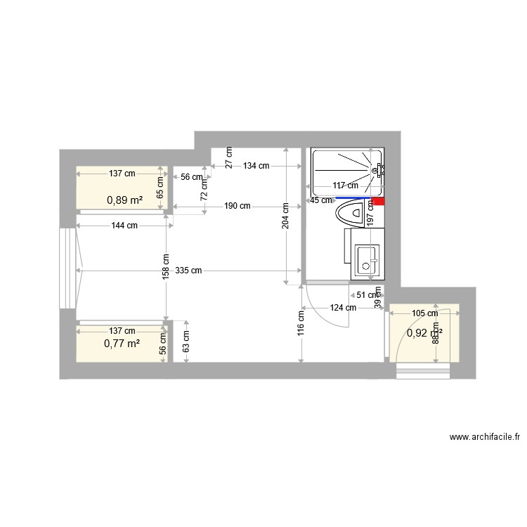 Boulanger plan sdb. Plan de 3 pièces et 3 m2