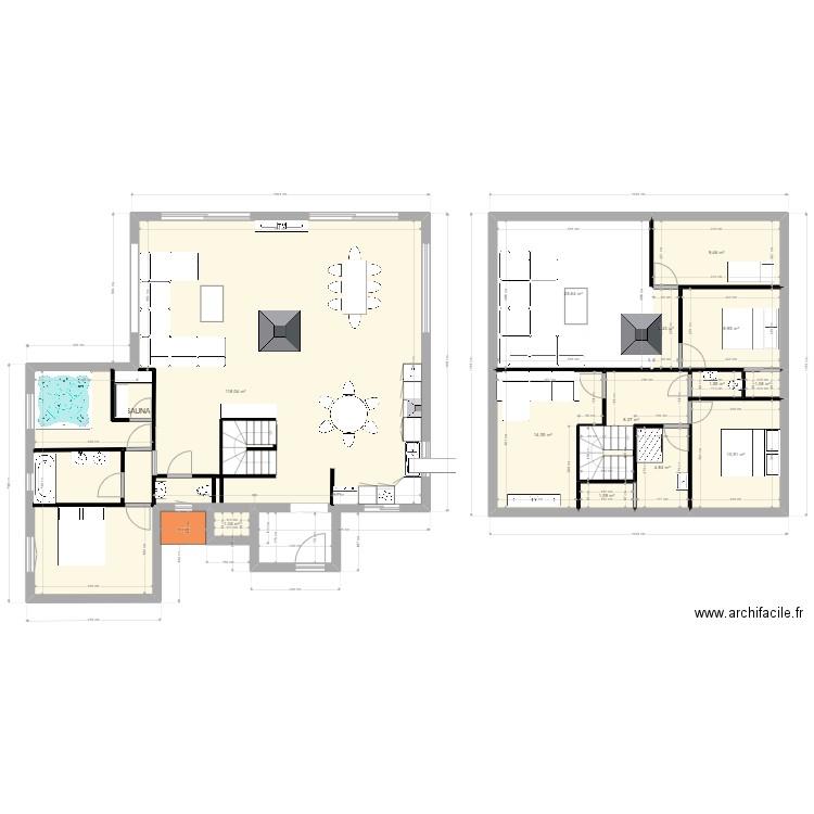 chalet3. Plan de 13 pièces et 208 m2