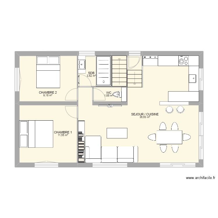 SP_R+1. Plan de 6 pièces et 64 m2